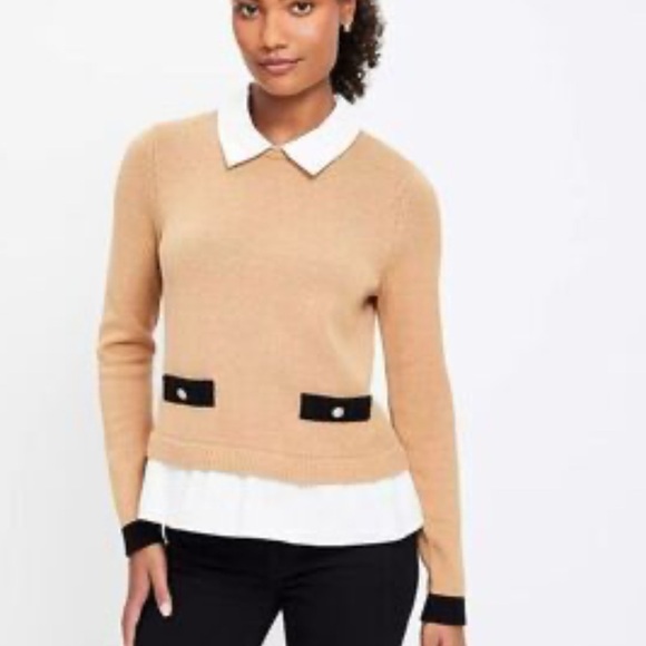 🍂🥧🧥LOFT Tan/Camel Sweater with Black Details - Picture 4 of 16